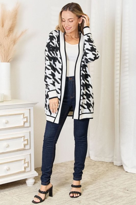 Mandy Woven Right Houndstooth Open Front Longline Cardigan - ShalayeFashion