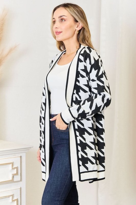Mandy Woven Right Houndstooth Open Front Longline Cardigan - ShalayeFashion
