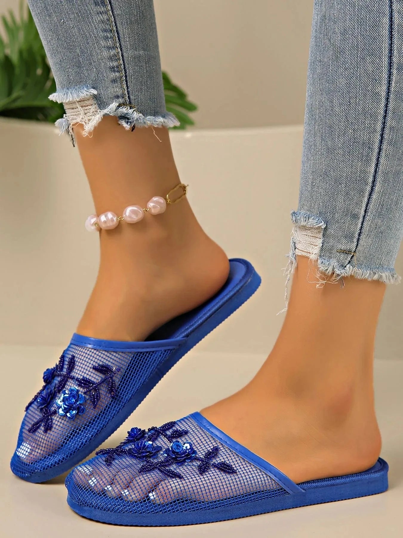Mesh Floral Embroidered Slide Sandals - ShalayeFashion