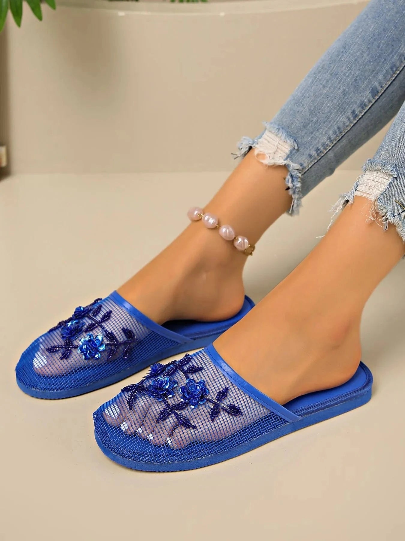 Mesh Floral Embroidered Slide Sandals - ShalayeFashion