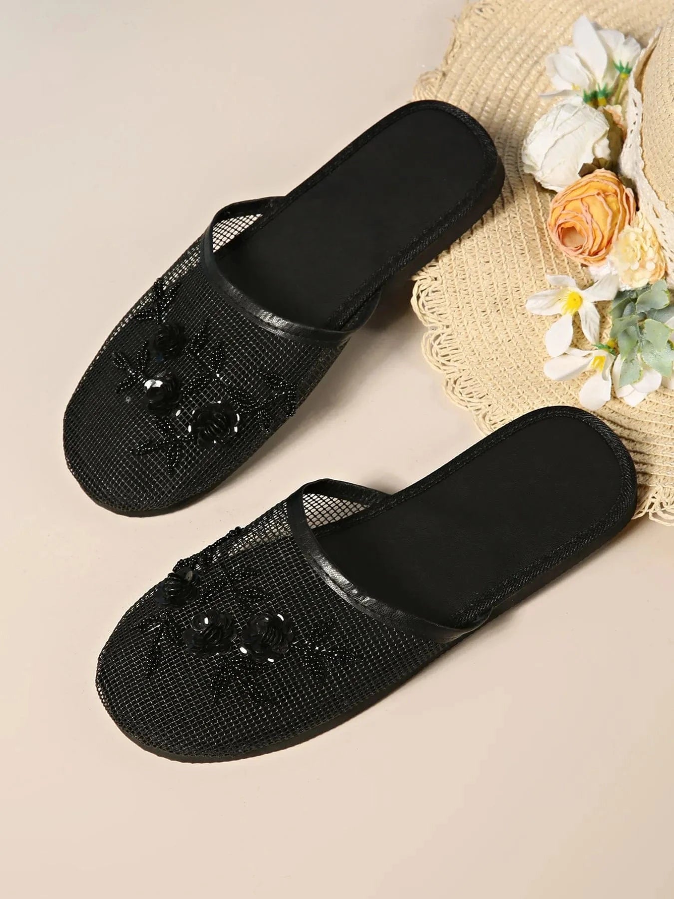 Mesh Floral Embroidered Slide Sandals - ShalayeFashion