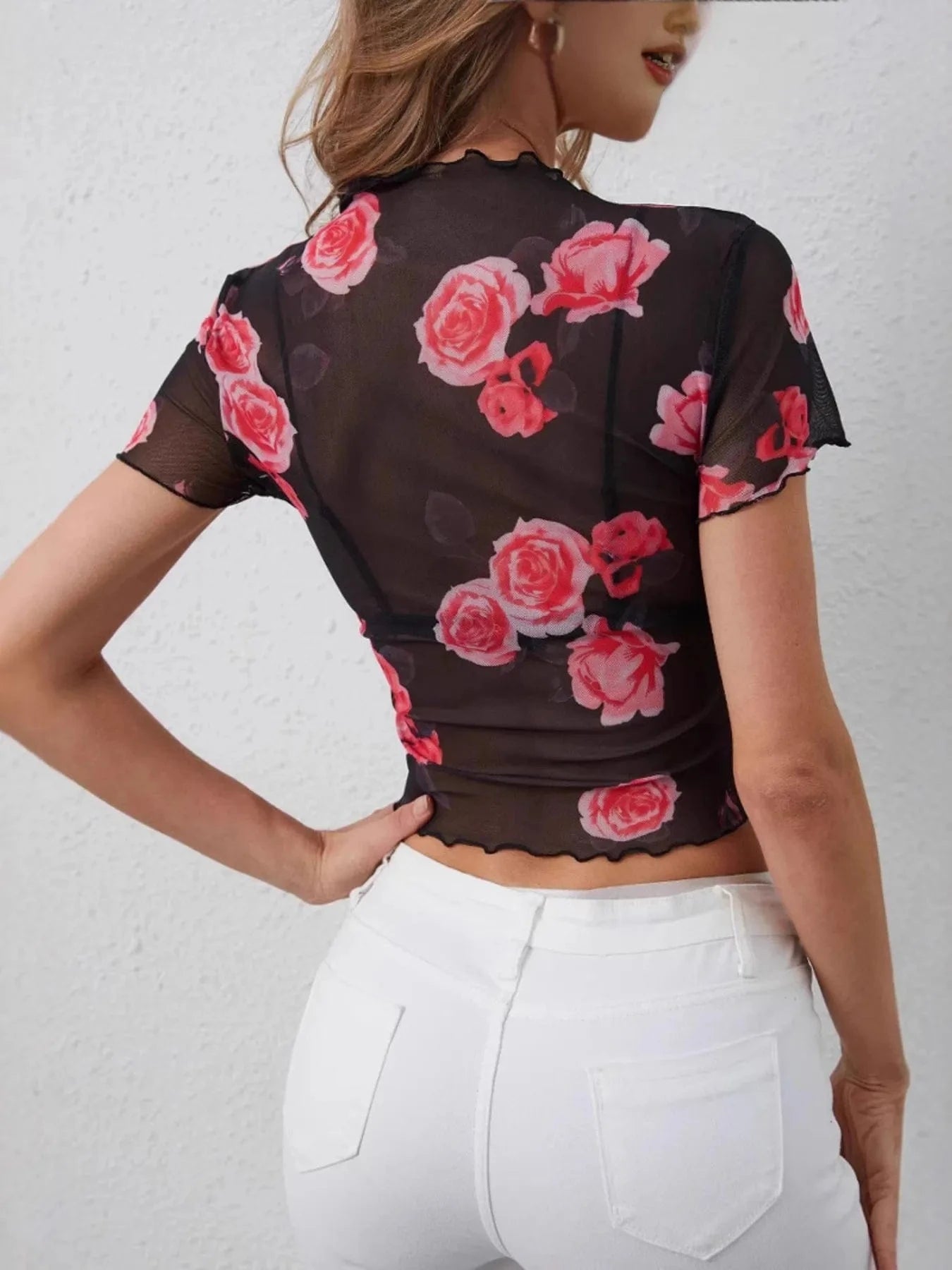 Mesh Rose Print Fitted T-Shirt - ShalayeFashion