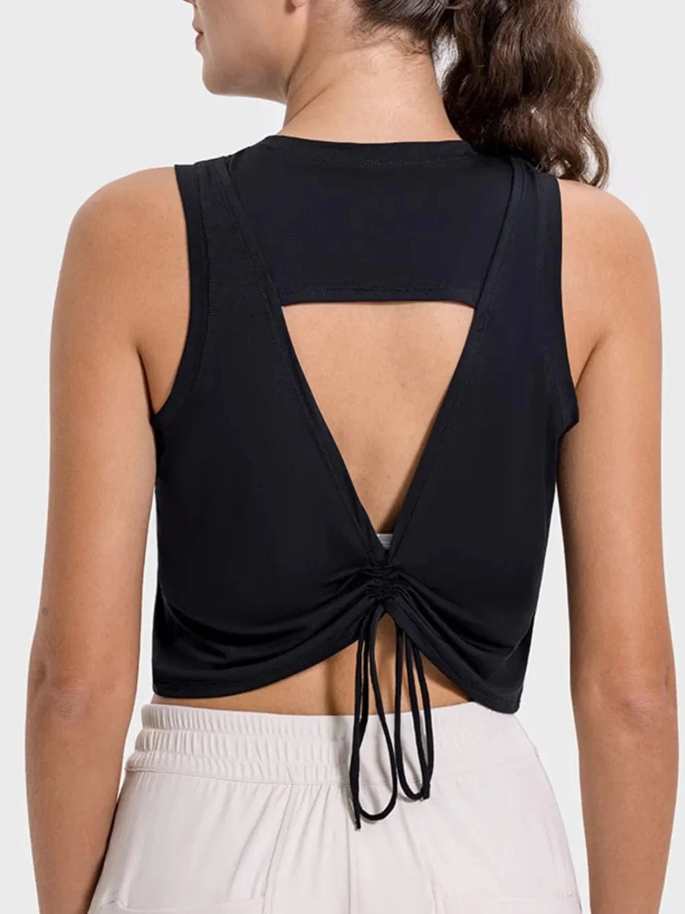 Millennia Drawstring Cutout Round Neck Active Tank - ShalayeFashion