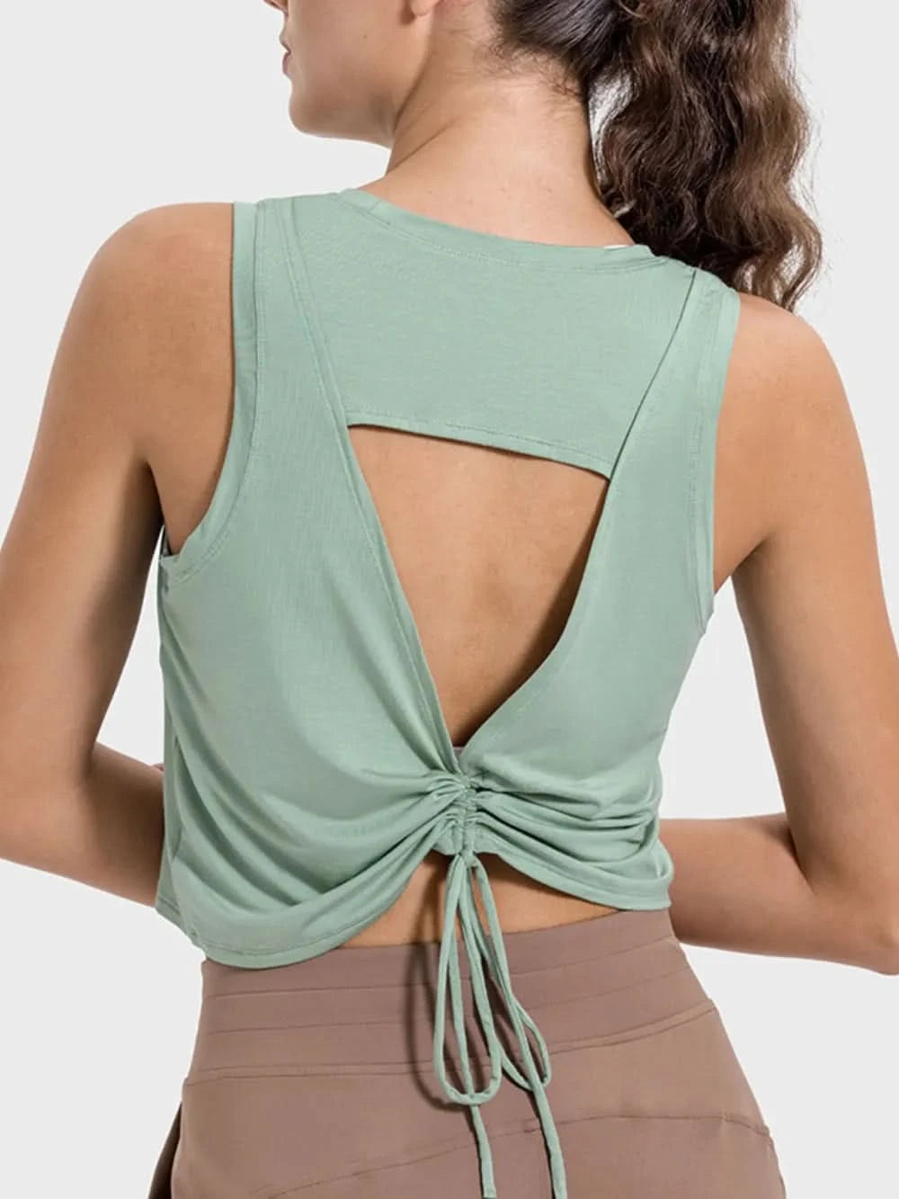 Millennia Drawstring Cutout Round Neck Active Tank - ShalayeFashion