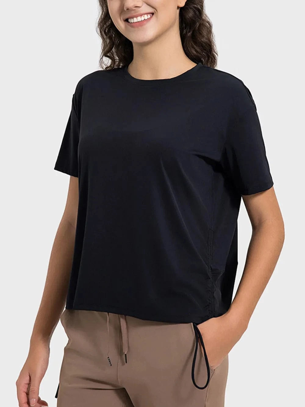 Millennia Drawstring Round Neck Short Sleeve Active T-Shirt - ShalayeFashion