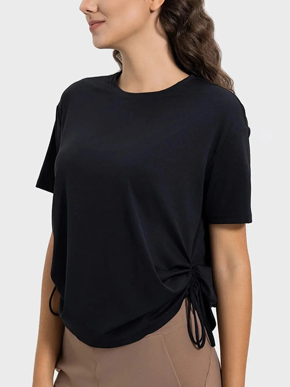 Millennia Drawstring Round Neck Short Sleeve Active T-Shirt - ShalayeFashion
