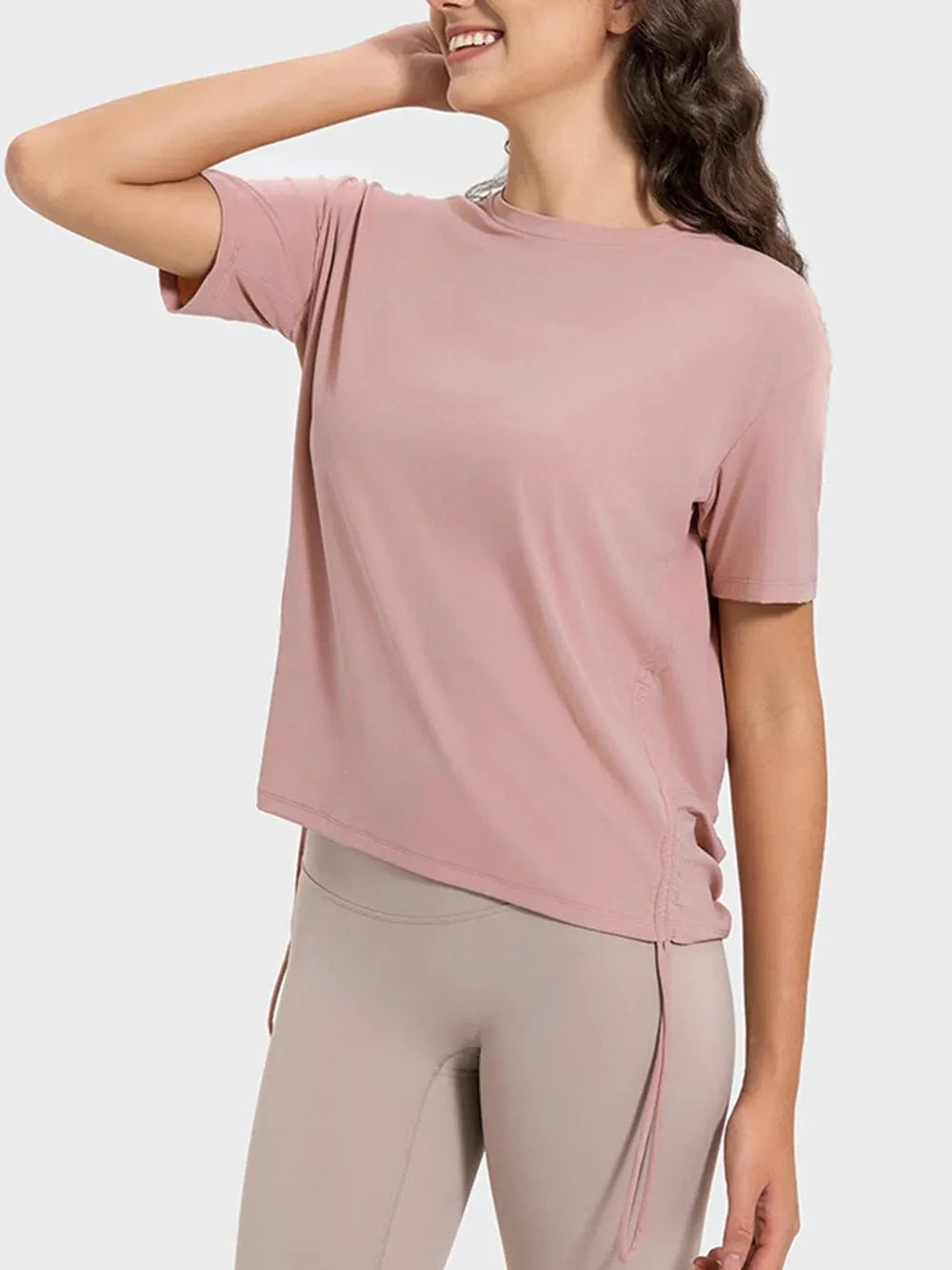 Millennia Drawstring Round Neck Short Sleeve Active T-Shirt - ShalayeFashion