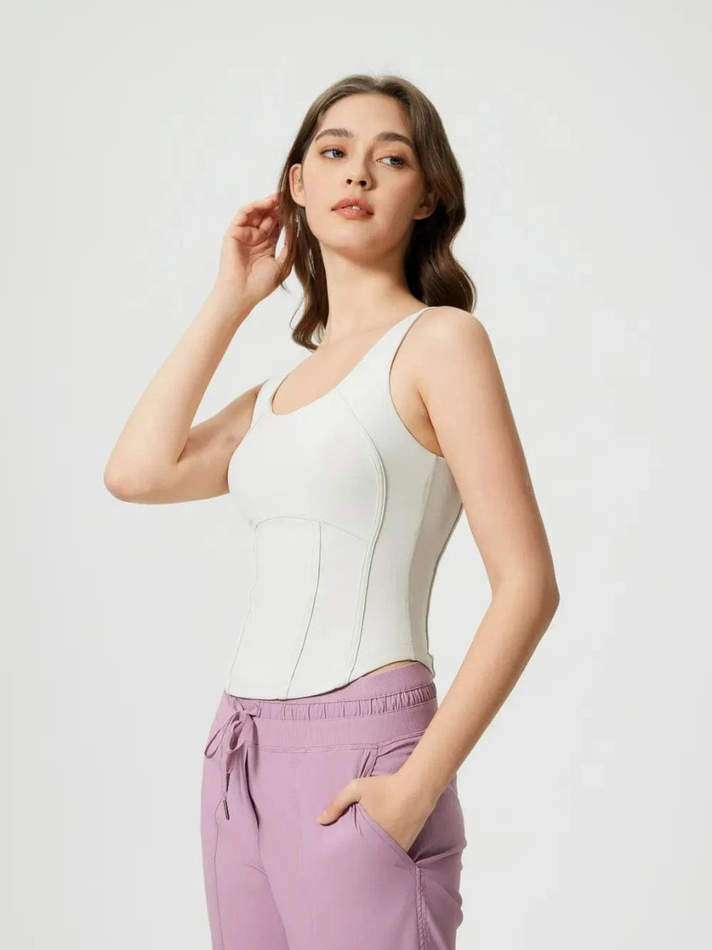 Millennia Round Neck Wide Strap Active Tank with Detachable Chest Pads - ShalayeFashion