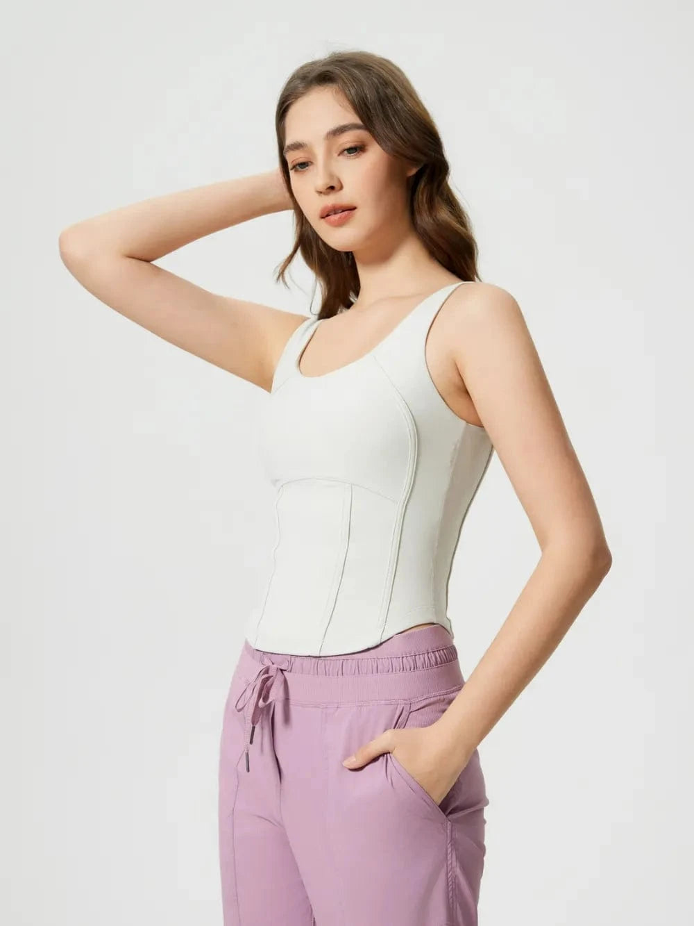 Millennia Round Neck Wide Strap Active Tank with Detachable Chest Pads - ShalayeFashion