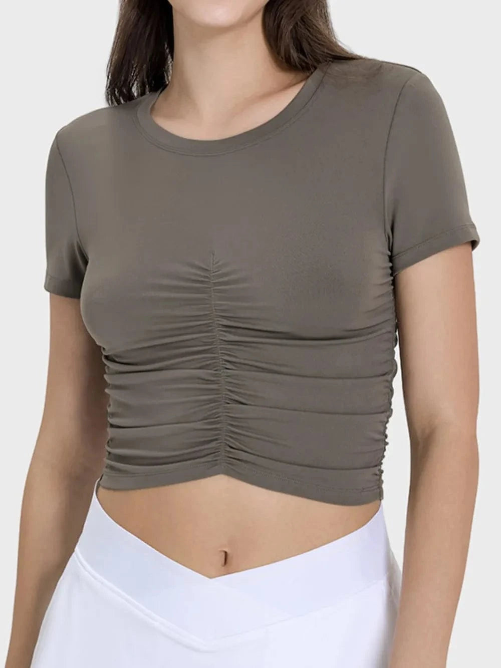 Millennia Ruched Round Neck Short Sleeve Active T-Shirt - ShalayeFashion