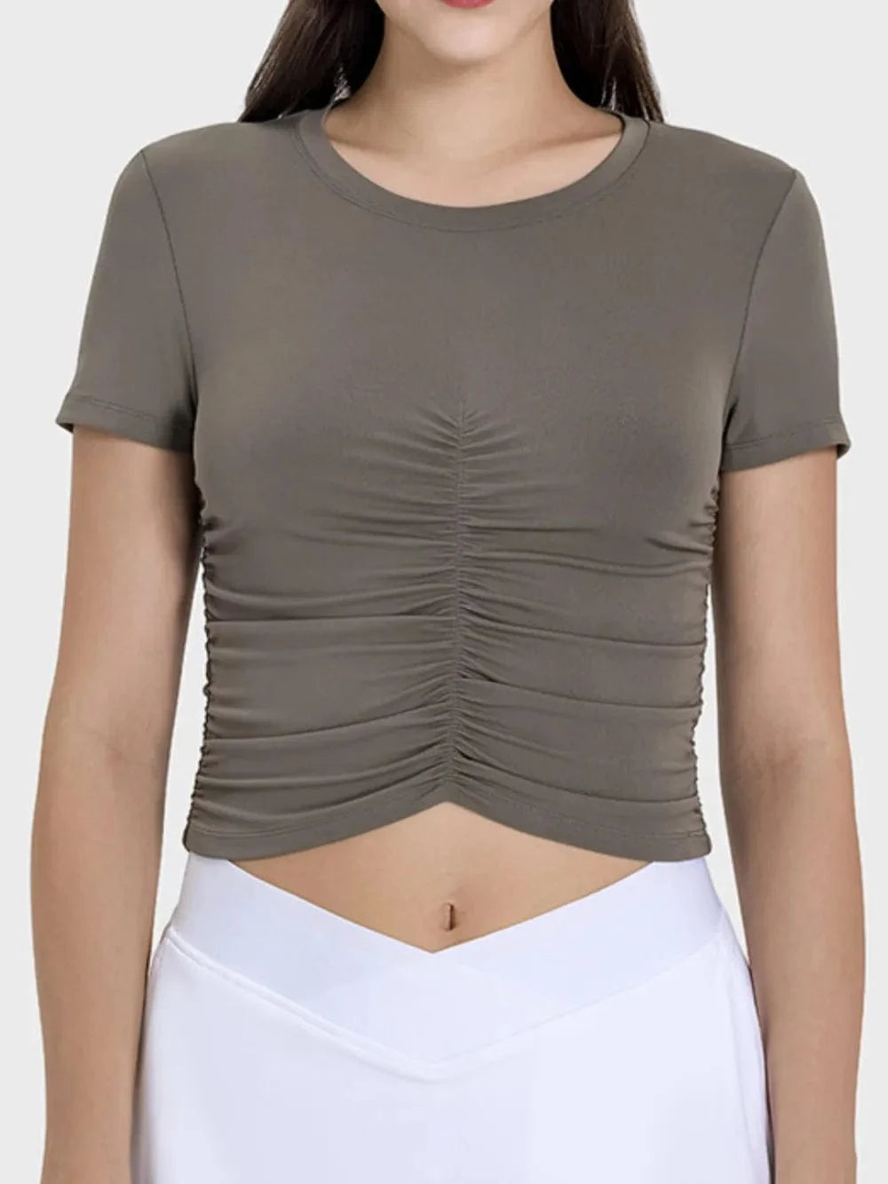 Millennia Ruched Round Neck Short Sleeve Active T-Shirt - ShalayeFashion