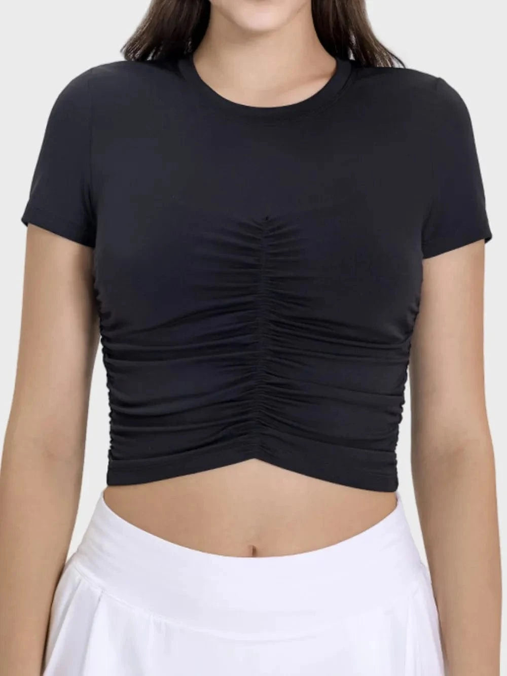 Millennia Ruched Round Neck Short Sleeve Active T-Shirt - ShalayeFashion