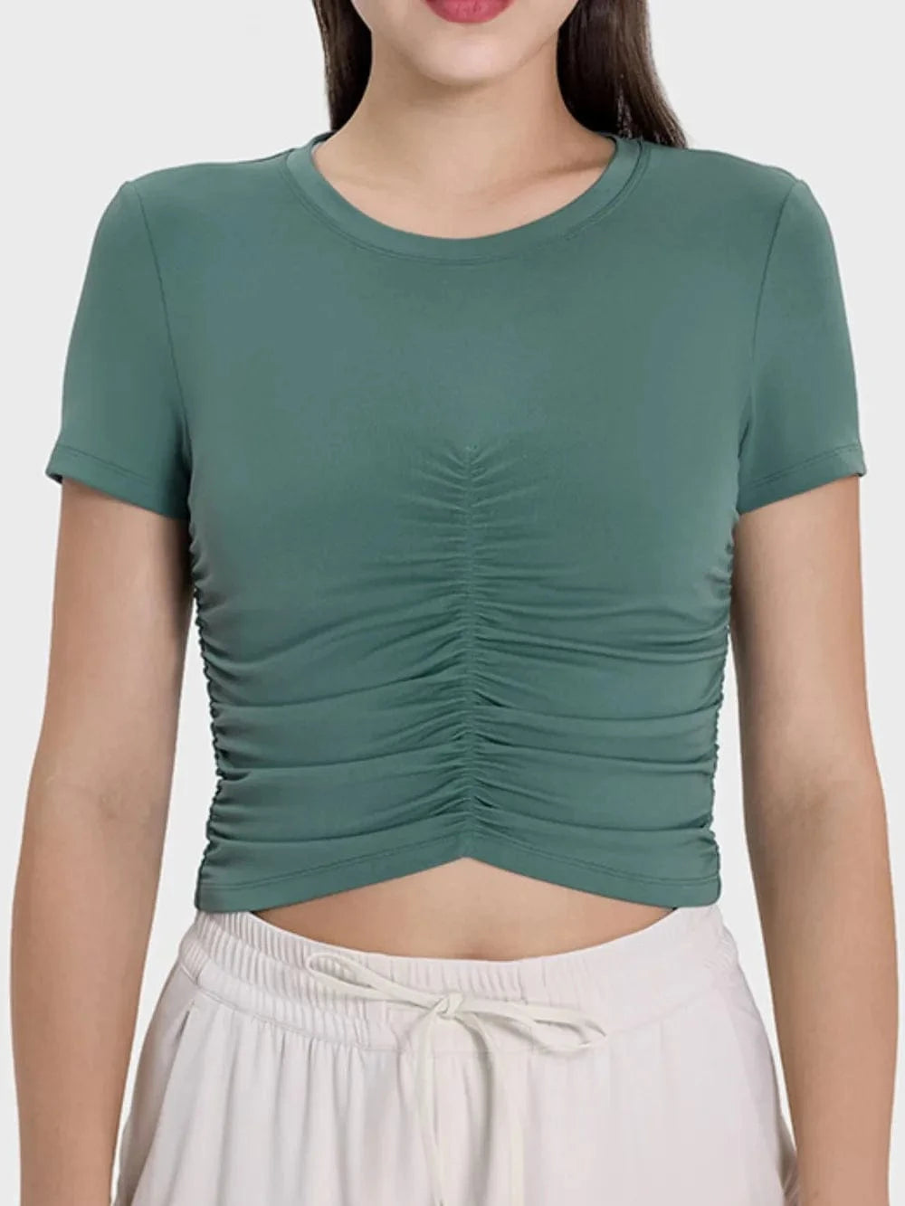 Millennia Ruched Round Neck Short Sleeve Active T-Shirt - ShalayeFashion