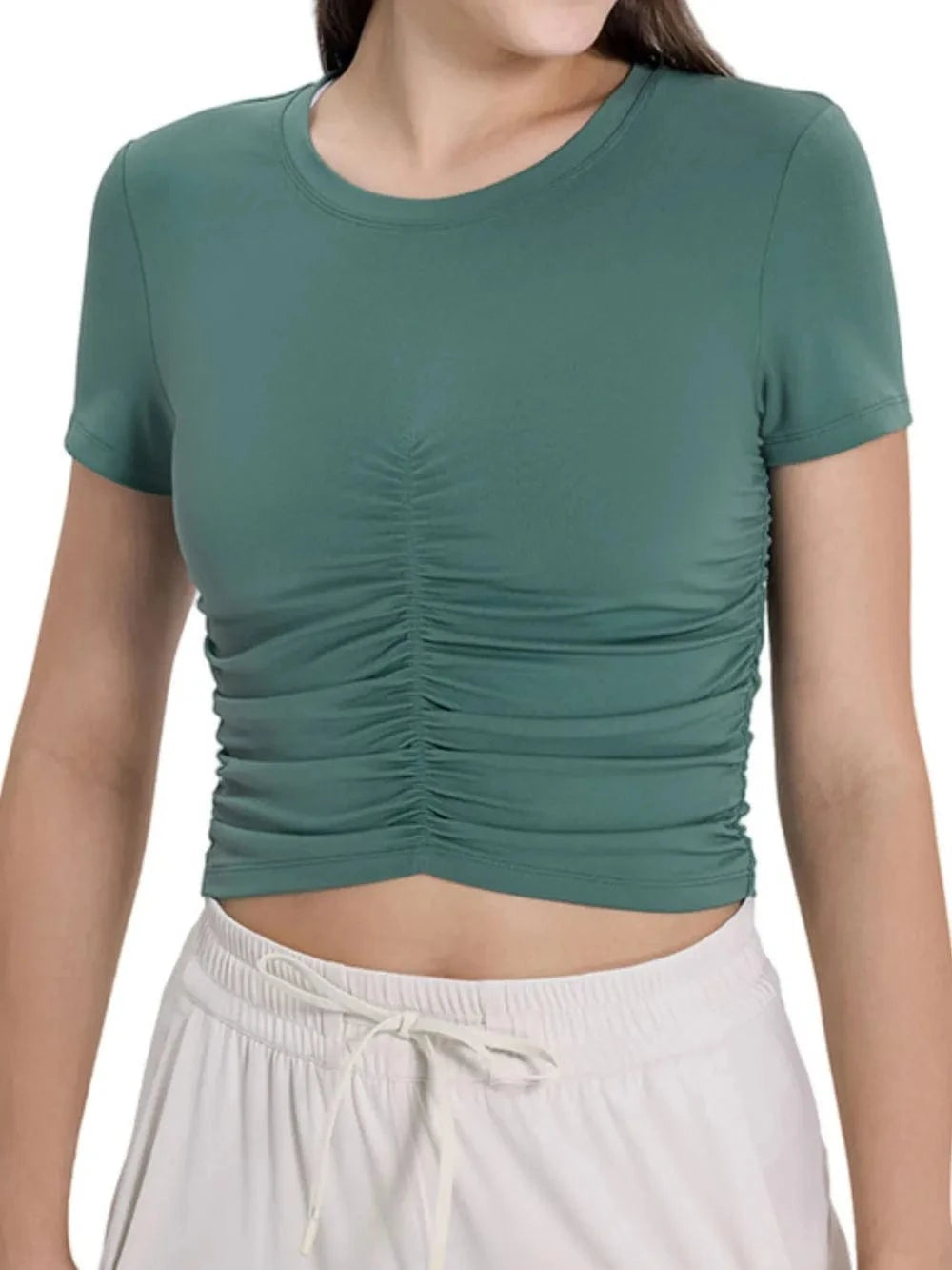 Millennia Ruched Round Neck Short Sleeve Active T-Shirt - ShalayeFashion