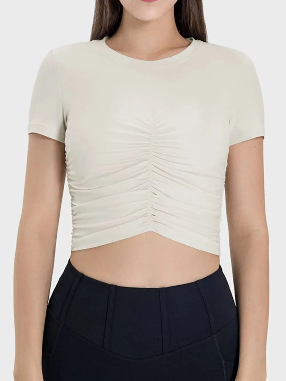 Millennia Ruched Round Neck Short Sleeve Active T-Shirt - ShalayeFashion