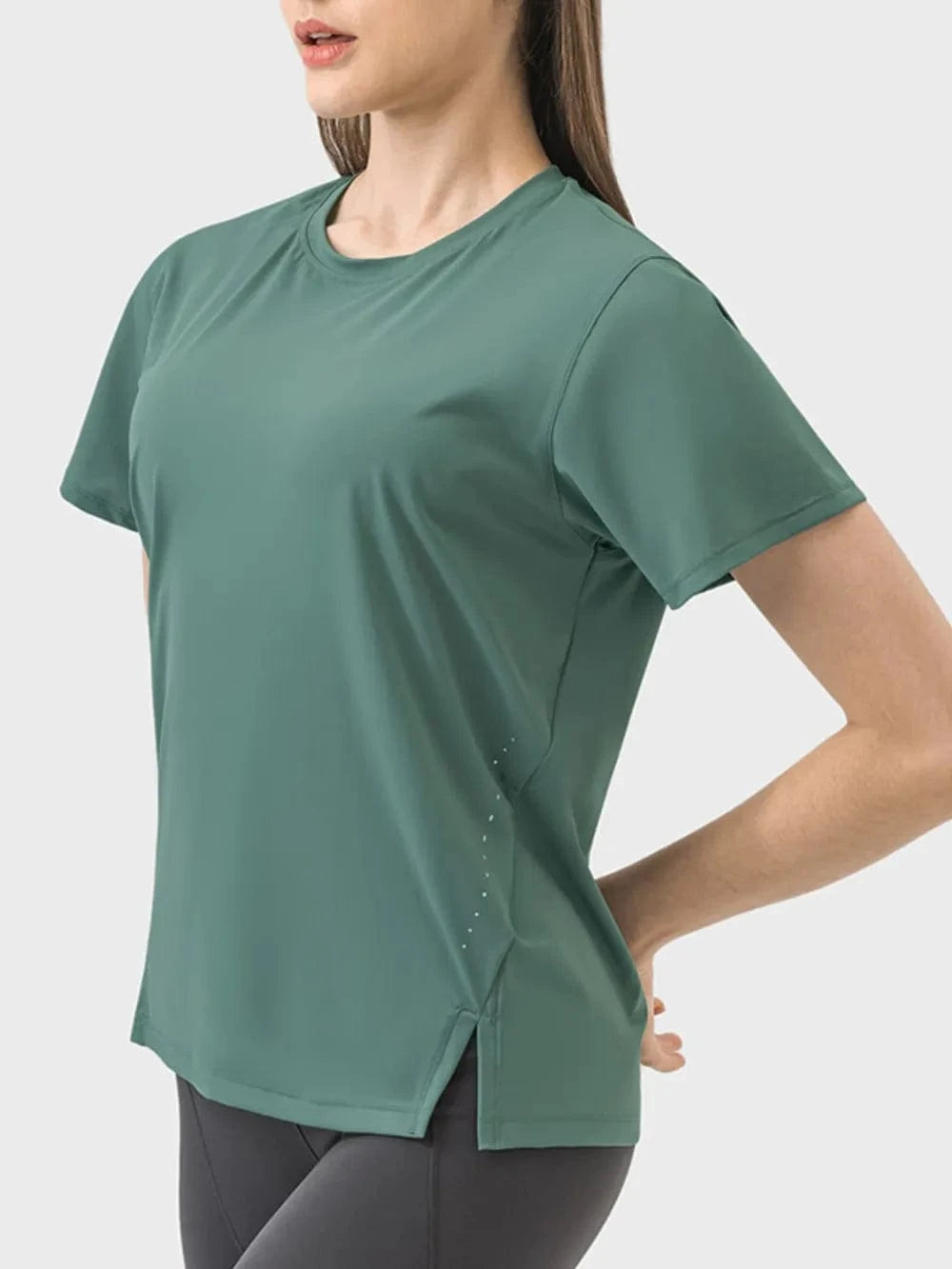Millennia Slit Round Neck Short Sleeve Active T-Shirt - ShalayeFashion