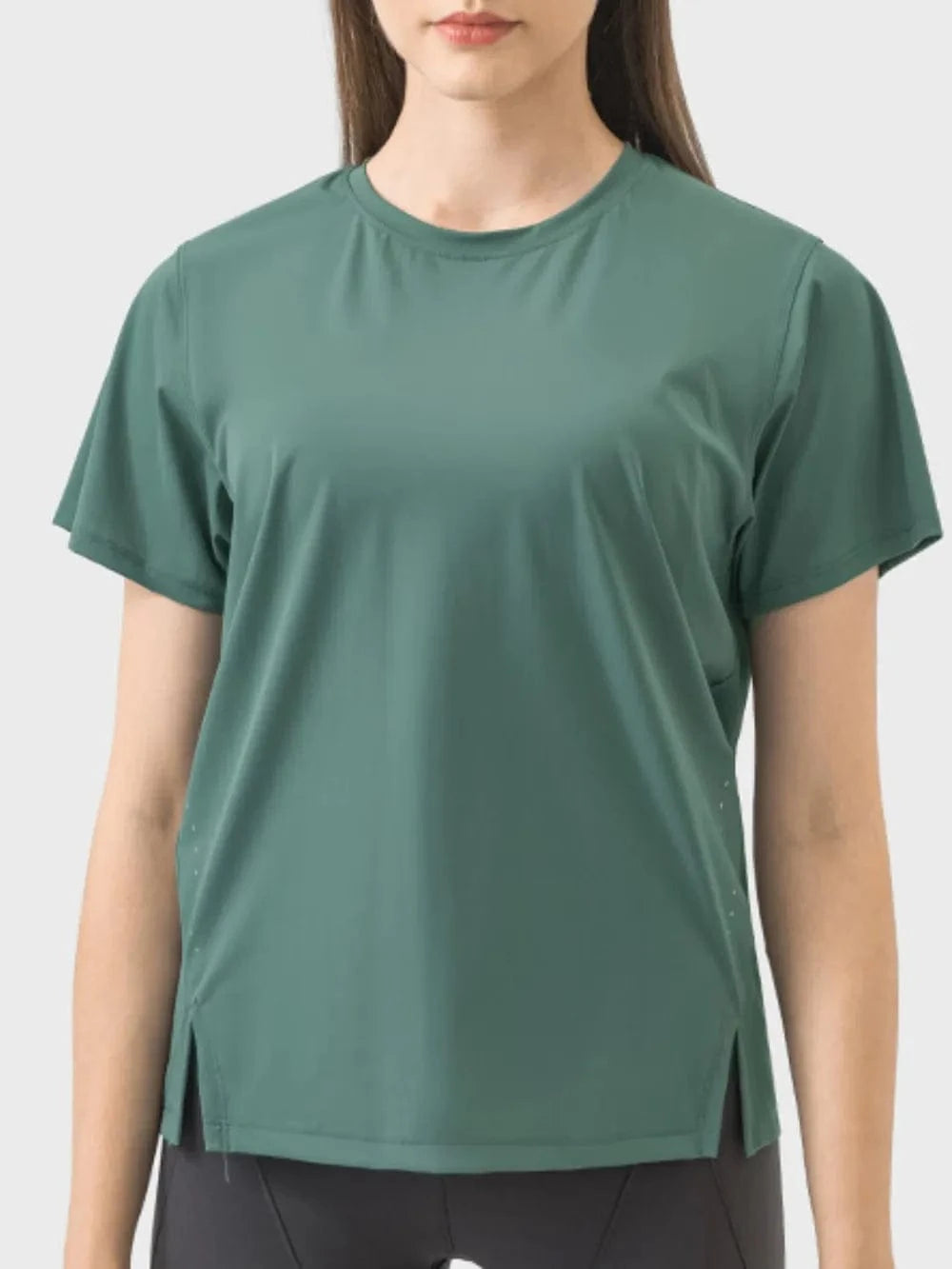 Millennia Slit Round Neck Short Sleeve Active T-Shirt - ShalayeFashion