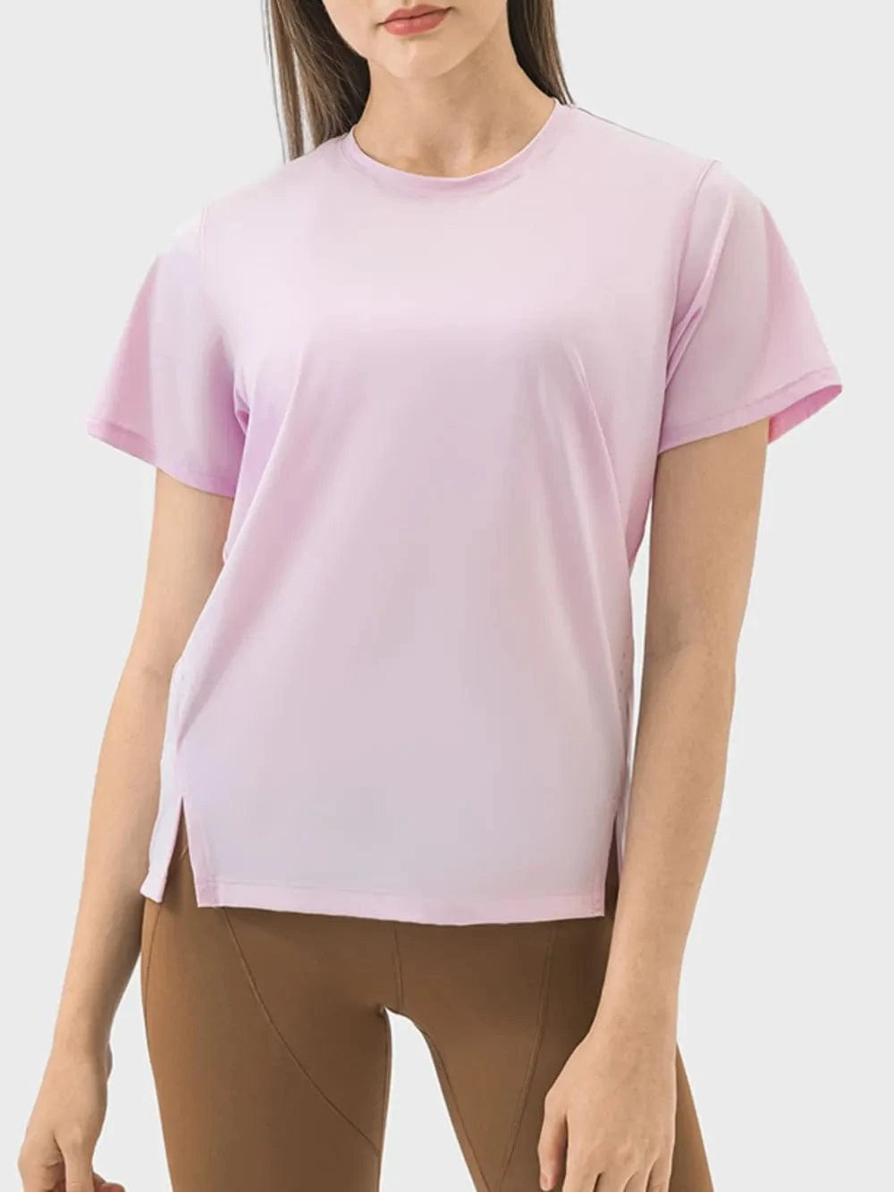 Millennia Slit Round Neck Short Sleeve Active T-Shirt - ShalayeFashion