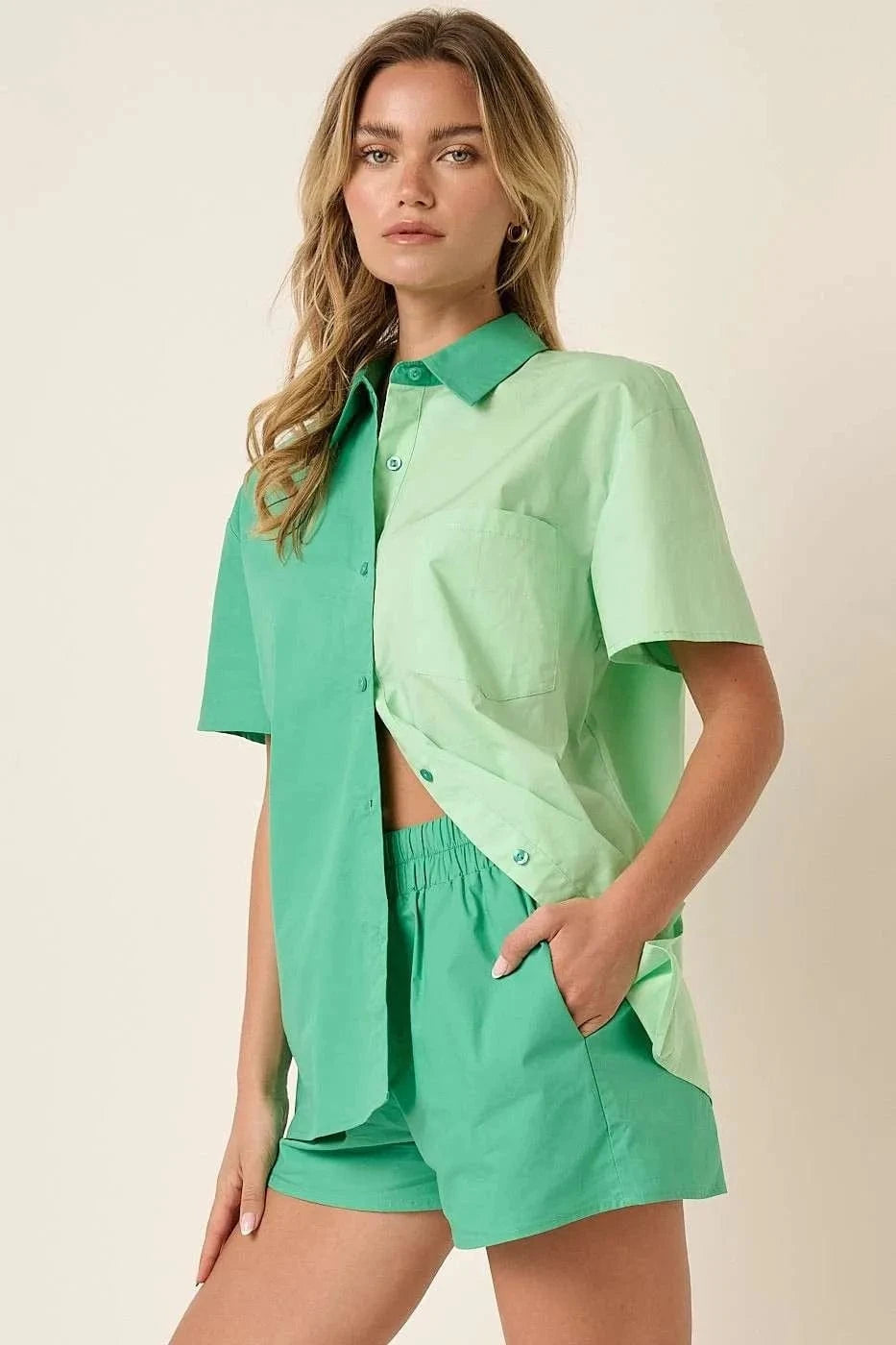 Mittoshop Color Block Short Sleeve Shirt and Shorts Set - ShalayeFashion