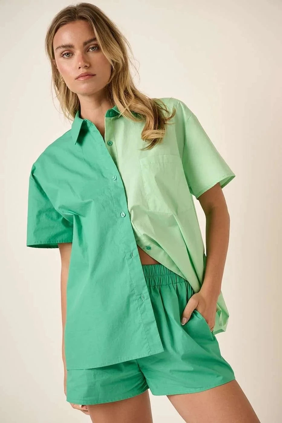 Mittoshop Color Block Short Sleeve Shirt and Shorts Set - ShalayeFashion