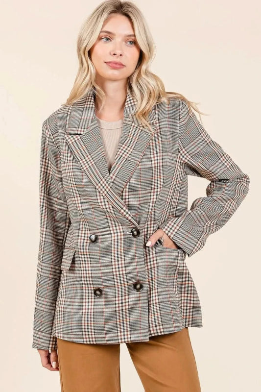Mittoshop Plaid Double Breasted Relaxed Fit Blazer - ShalayeFashion