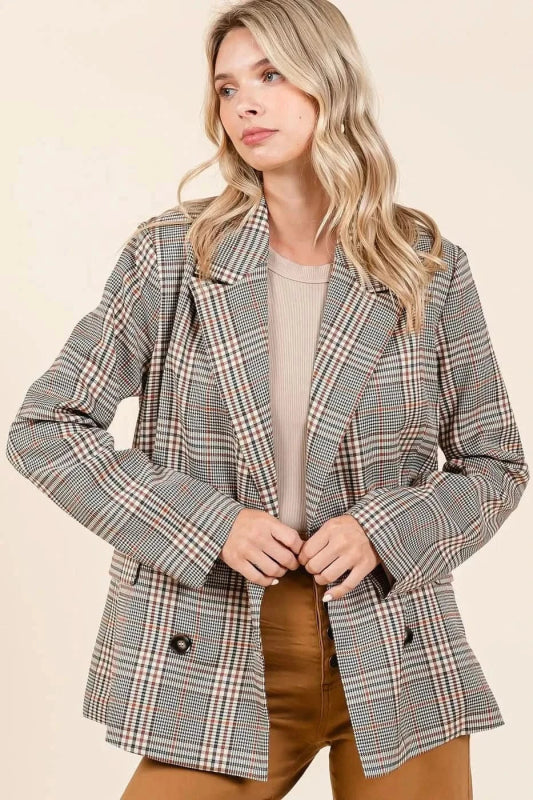 Mittoshop Plaid Double Breasted Relaxed Fit Blazer - ShalayeFashion
