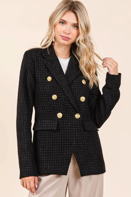 Mittoshop Plaid Texture Double - Breasted Long Sleeve Blazer - ShalayeFashion