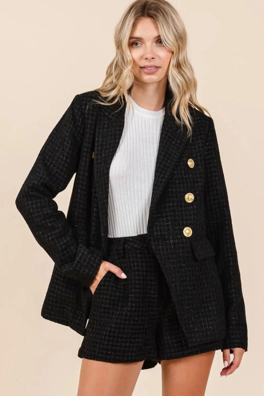 Mittoshop Plaid Texture Double - Breasted Long Sleeve Blazer - ShalayeFashion