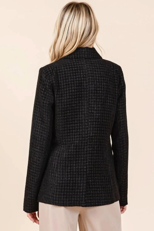 Mittoshop Plaid Texture Double - Breasted Long Sleeve Blazer - ShalayeFashion