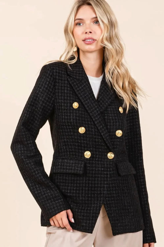 Mittoshop Plaid Texture Double - Breasted Long Sleeve Blazer - ShalayeFashion