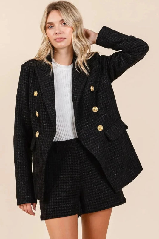 Mittoshop Plaid Texture Double - Breasted Long Sleeve Blazer - ShalayeFashion