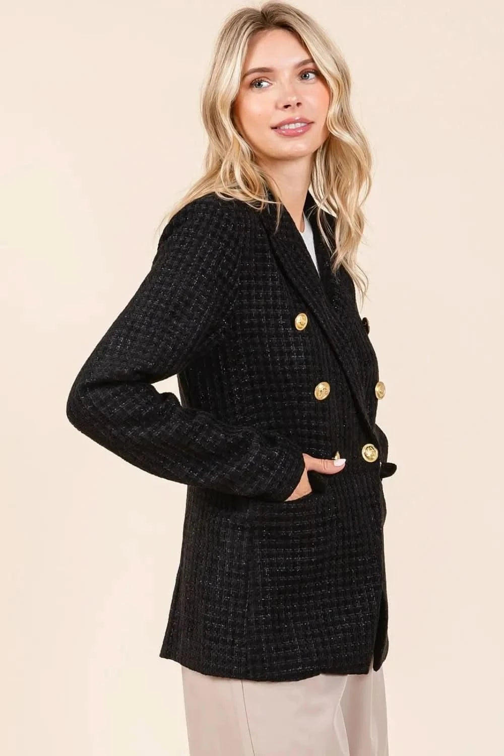 Mittoshop Plaid Texture Double - Breasted Long Sleeve Blazer - ShalayeFashion