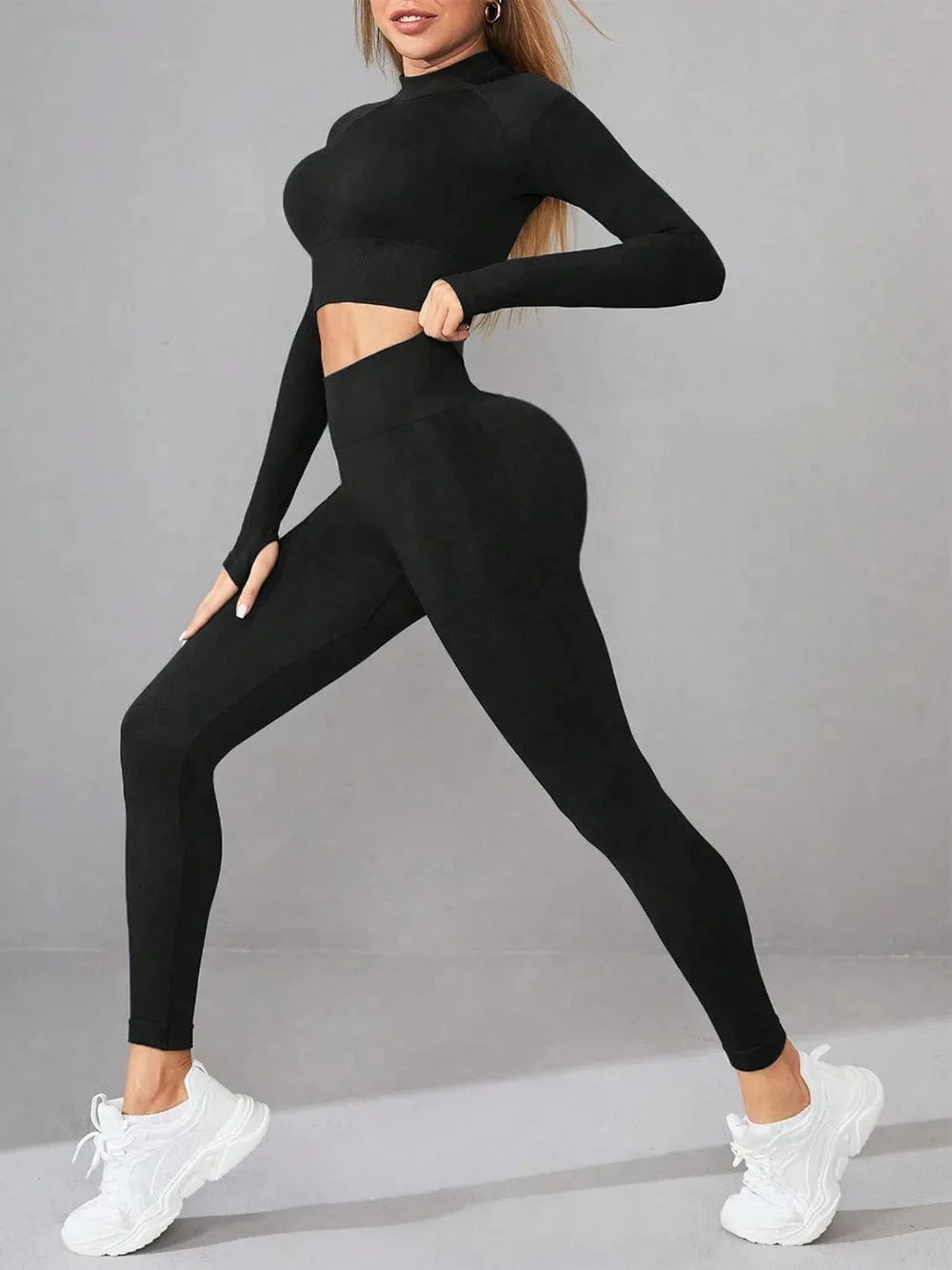 Mock Neck Long Sleeve Top and Leggings Active Set - ShalayeFashion