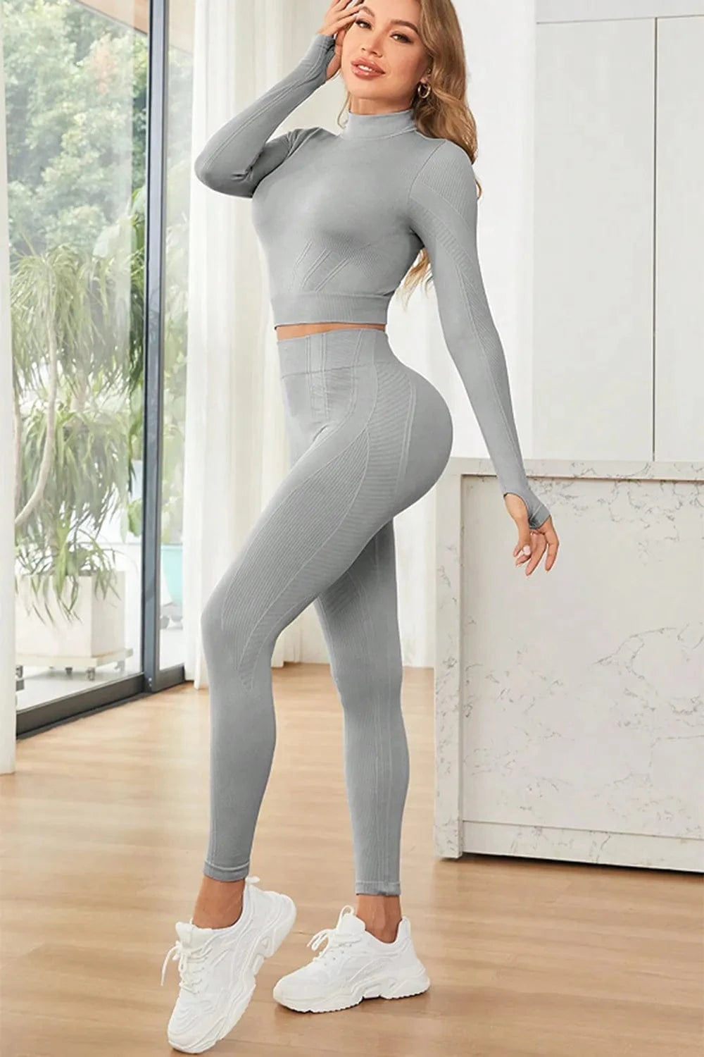 Mock Neck Long Sleeve Top and Leggings Active Set - ShalayeFashion