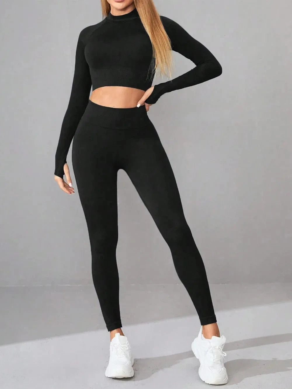 Mock Neck Long Sleeve Top and Leggings Active Set - ShalayeFashion