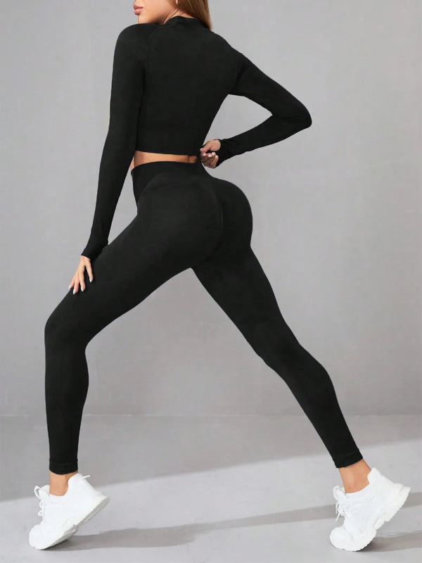 Mock Neck Long Sleeve Top and Leggings Active Set - ShalayeFashion