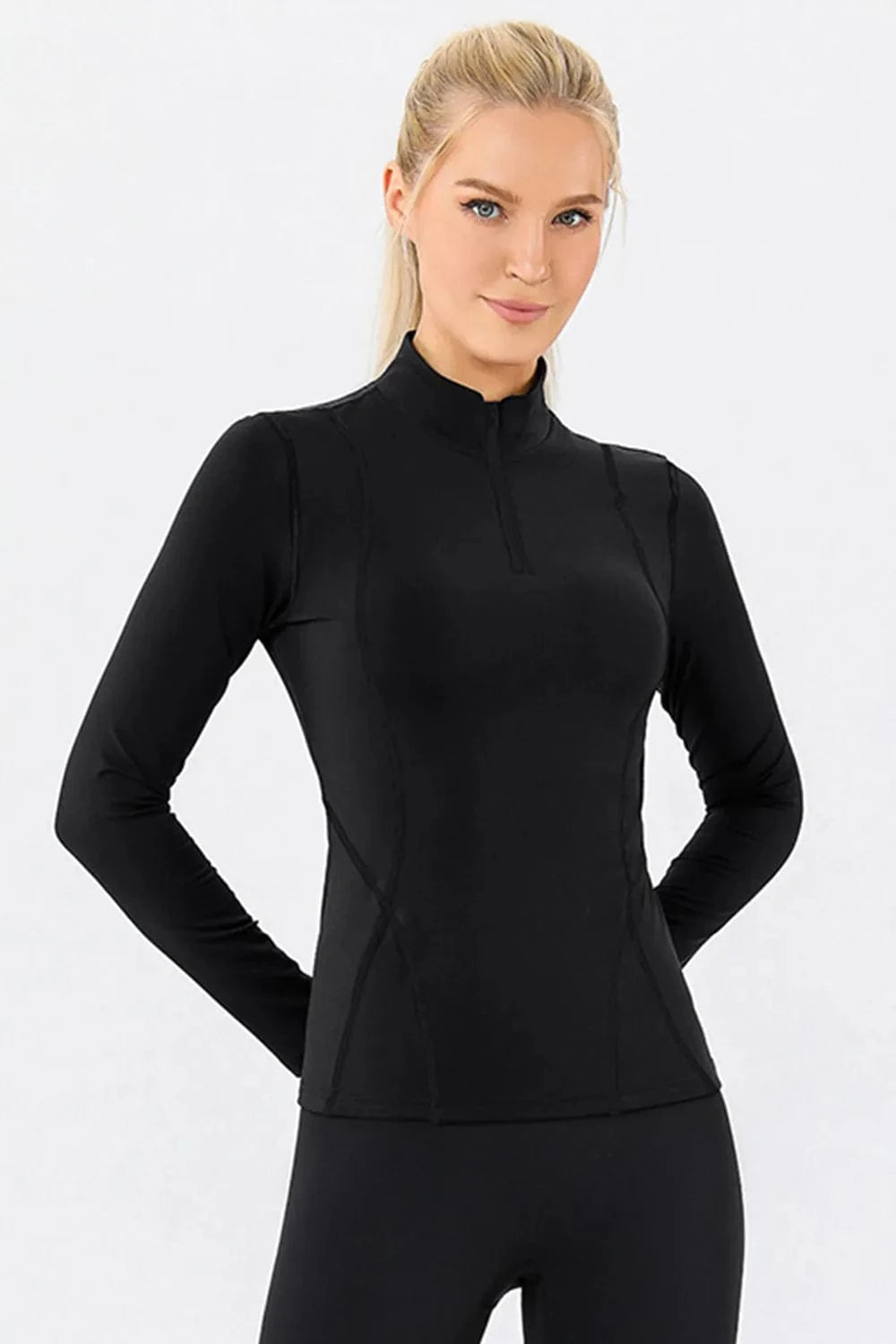 Mock Neck Quarter Zip Active T-Shirt - ShalayeFashion