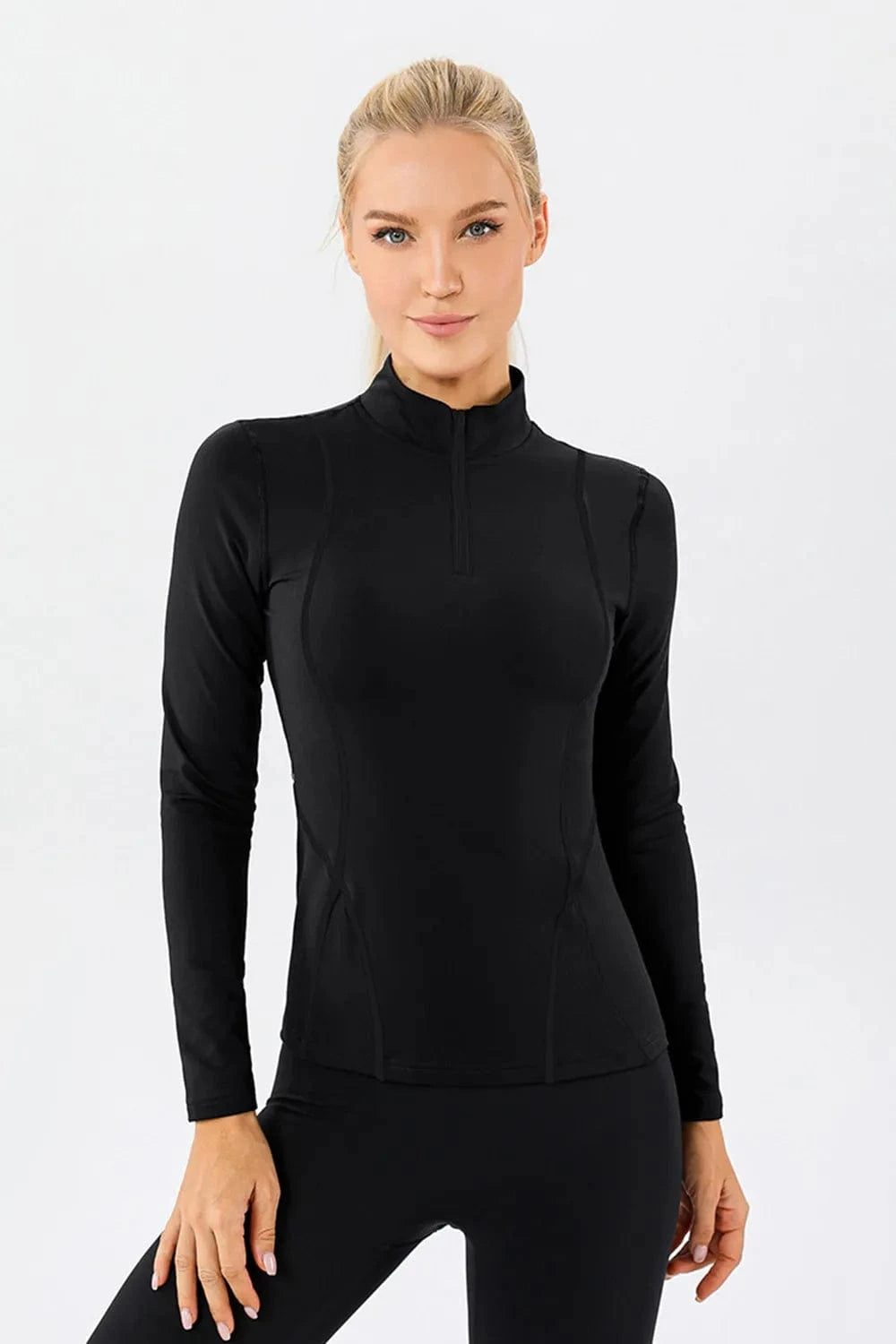 Mock Neck Quarter Zip Active T-Shirt - ShalayeFashion