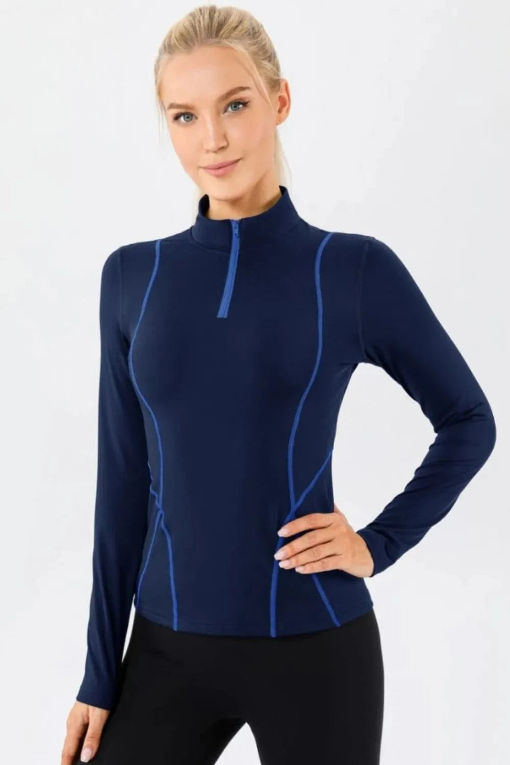 Mock Neck Quarter Zip Active T-Shirt - ShalayeFashion