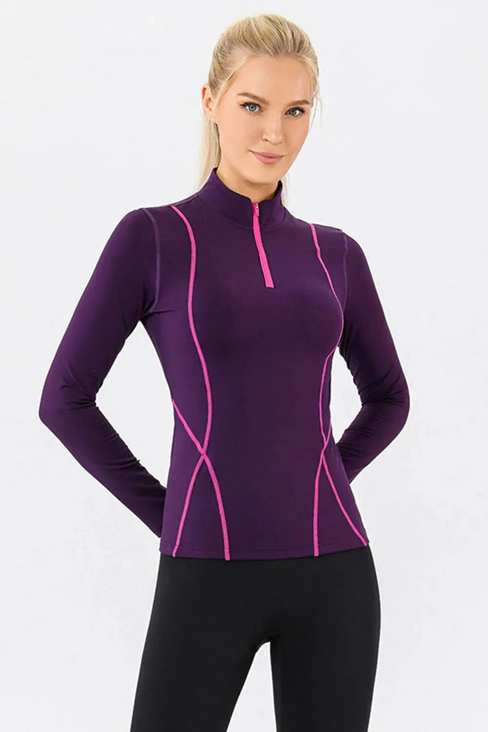 Mock Neck Quarter Zip Active T-Shirt - ShalayeFashion
