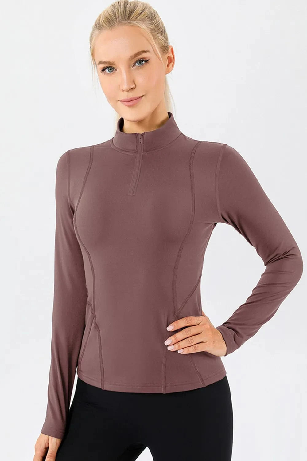 Mock Neck Quarter Zip Active T-Shirt - ShalayeFashion