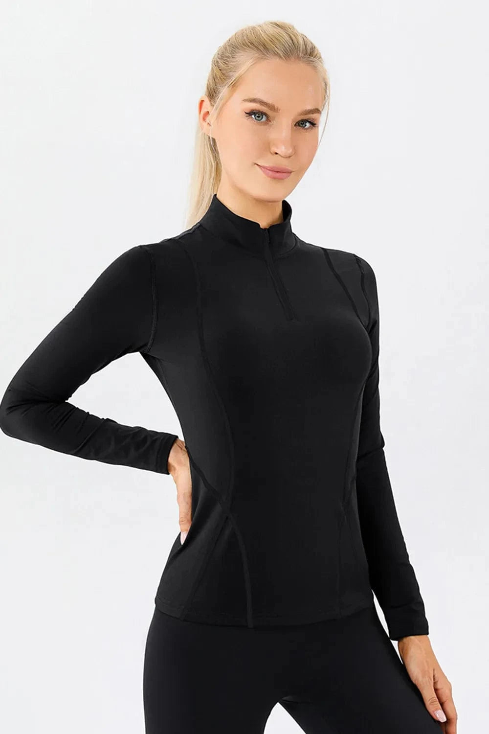 Mock Neck Quarter Zip Active T-Shirt - ShalayeFashion