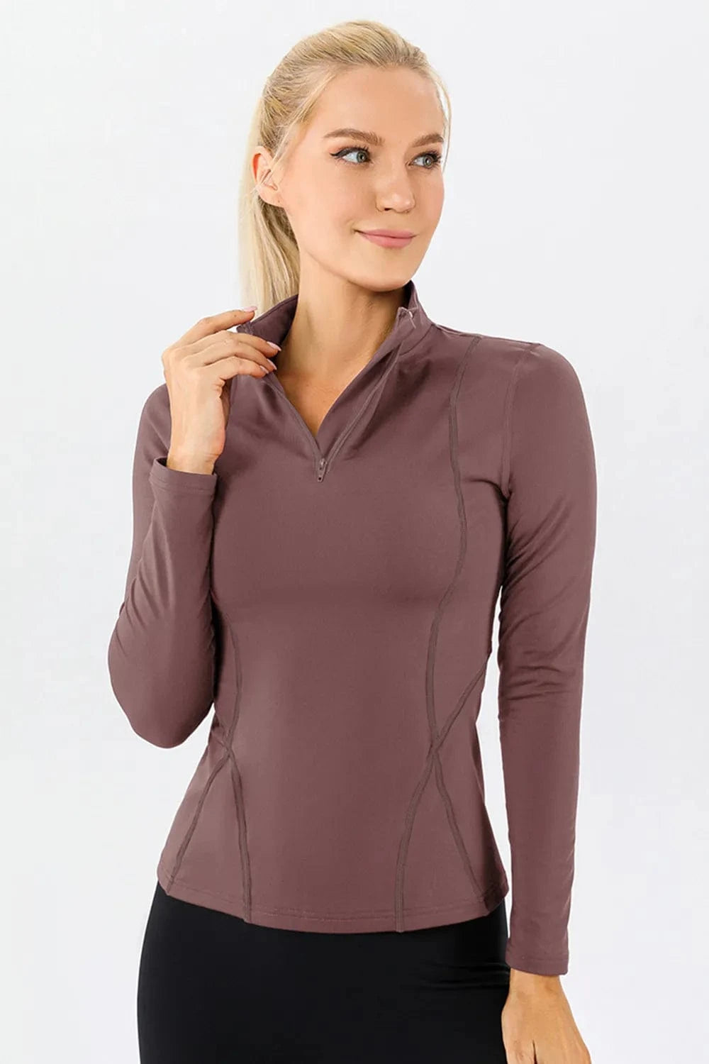 Mock Neck Quarter Zip Active T-Shirt - ShalayeFashion