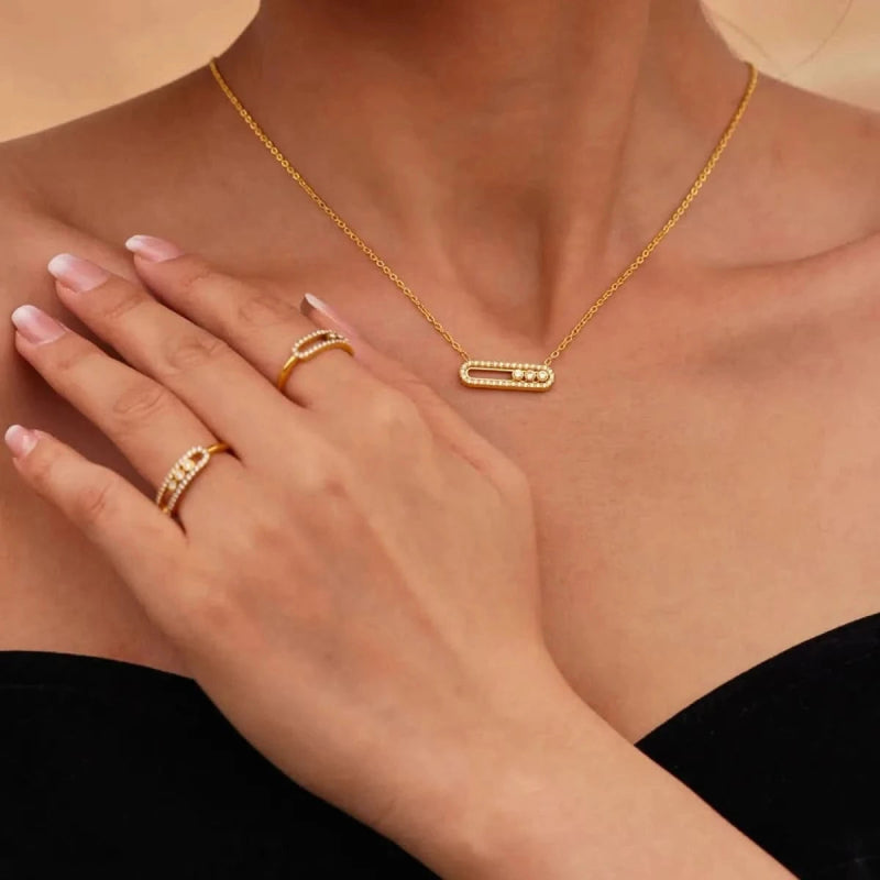 Moving Crystal Bar Necklace and Ring Jewelry Set - ShalayeFashion
