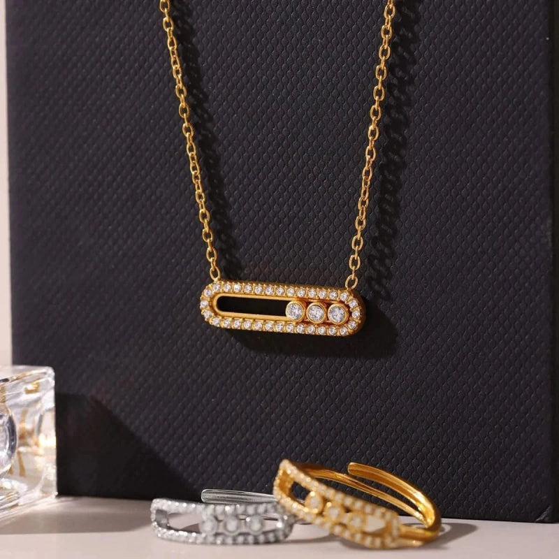 Moving Crystal Bar Necklace and Ring Jewelry Set - ShalayeFashion