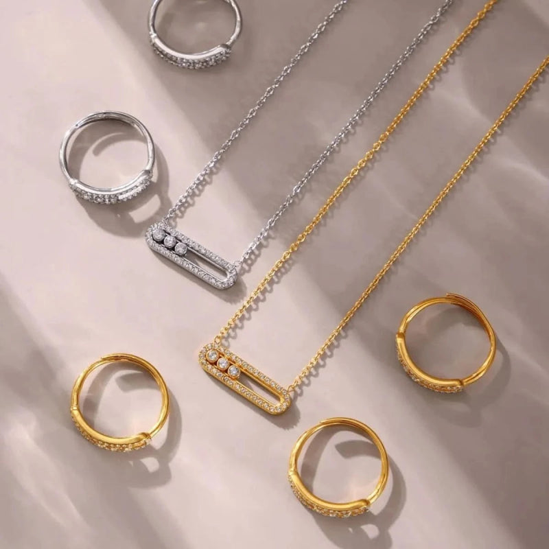 Moving Crystal Bar Necklace and Ring Jewelry Set - ShalayeFashion