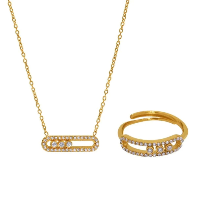 Moving Crystal Bar Necklace and Ring Jewelry Set - ShalayeFashion