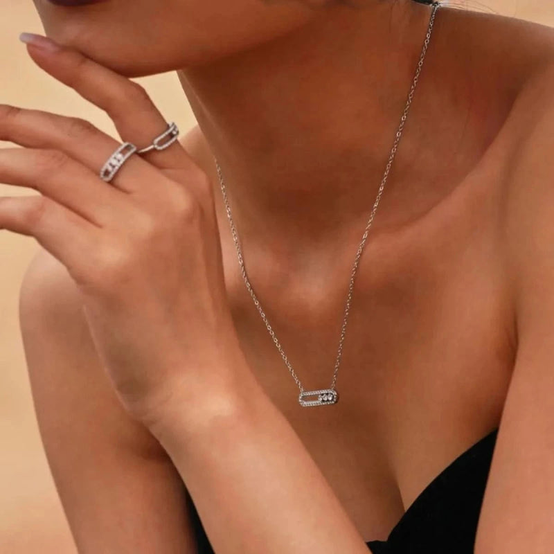 Moving Crystal Bar Necklace and Ring Jewelry Set - ShalayeFashion
