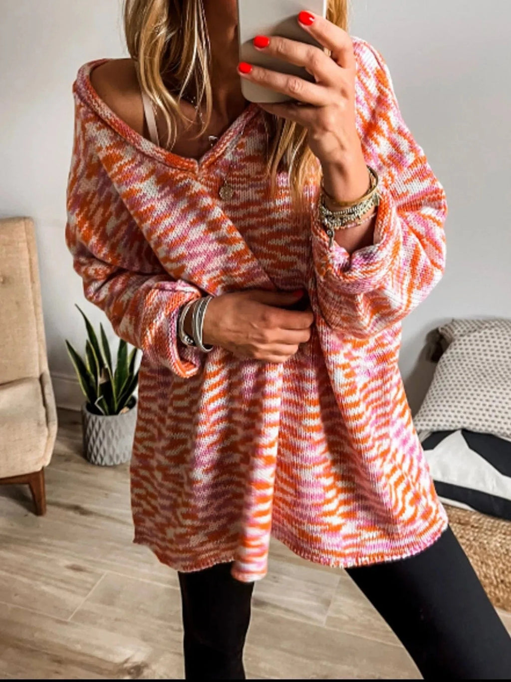 Multi - Color V - Neck Sweater - ShalayeFashion