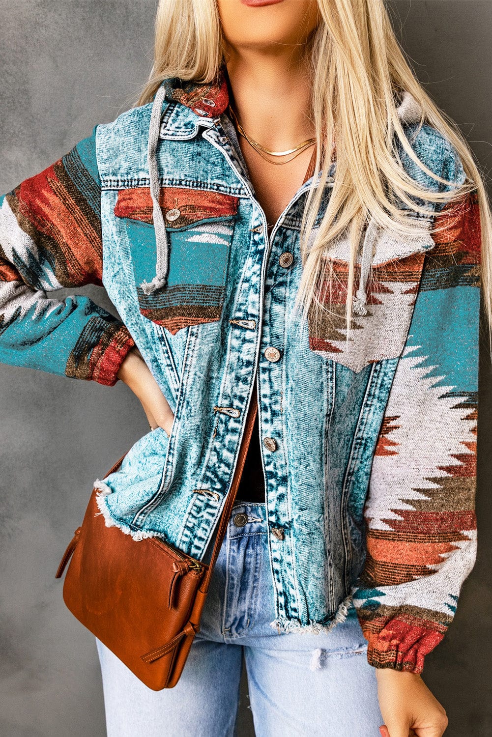 Multicolor Aztec Print Denim Jacket - ShalayeFashion